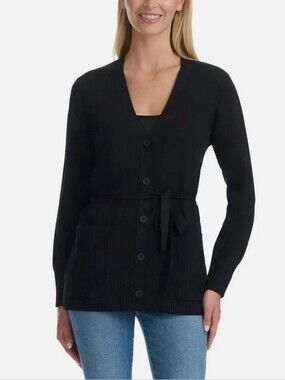 New!Splendid Womens Cardigan Black Sweater Belted Long Sleeves Button-Front Soft